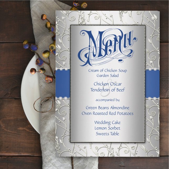 Typography Monogram Royal Blue Silver Wedding Menu (Creator Uploaded)
