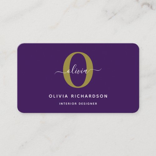 Typography Monogram Script Name Purple White Gold Business Card