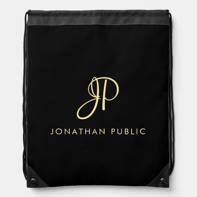 Typography Monogram Template Faux Gold & Black Drawstring Bag (Front)