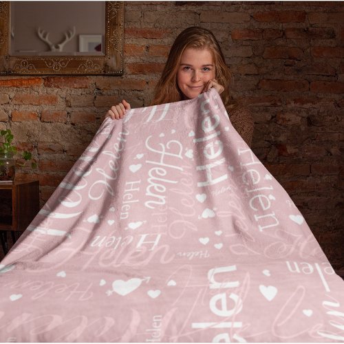 Typography Name and Hearts repeated on Rose Fleece Blanket