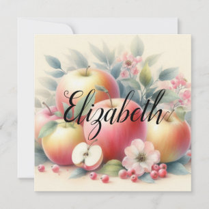 Typography Name Fall leaves and apples watercolor Holiday Card
