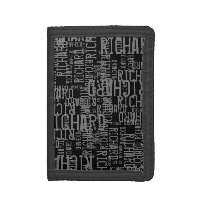 Typography Name Pattern on a Black Trifold Wallet (Front Vertical)