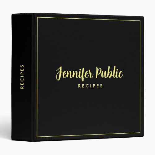 Typography Name Recipe Book Cookbook Black Gold 3 Ring Binder