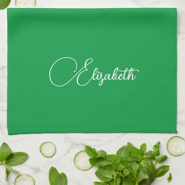 Typography Name Template Elegant Kelly Green Kitchen Towel (Folded)