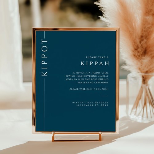Typography Navy Blue Bar Mitzvah Kippah Sign