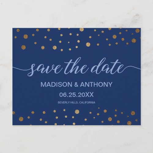 Typography Navy Blue Gold Wedding Save the date Postcard