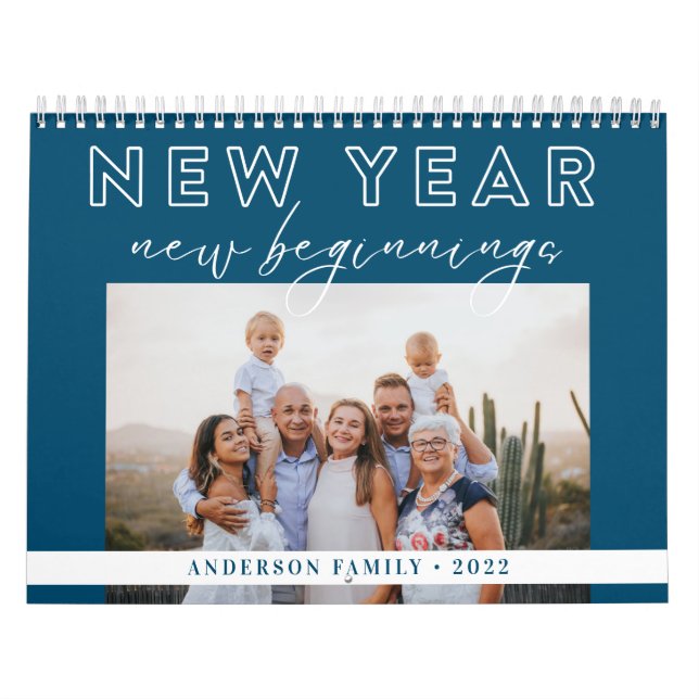 Typography New Year New Beginnings Teal Blue Photo Calendar (Cover)