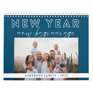 Typography New Year New Beginnings Teal Blue Photo Calendar