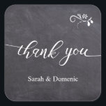 Typography on Chalkboard Names Wedding Thank you Square Sticker<br><div class="desc">Custom Typography on Chalkboard Wedding Thank you - personalize these square stickers for your giveaway,  envelope seals and gifts. Include the names of the bride and groom for their engagement party,  wedding,  bridal shower and other events.  Chalkboard background for a rustic feel,  elegant and modern typography.</div>