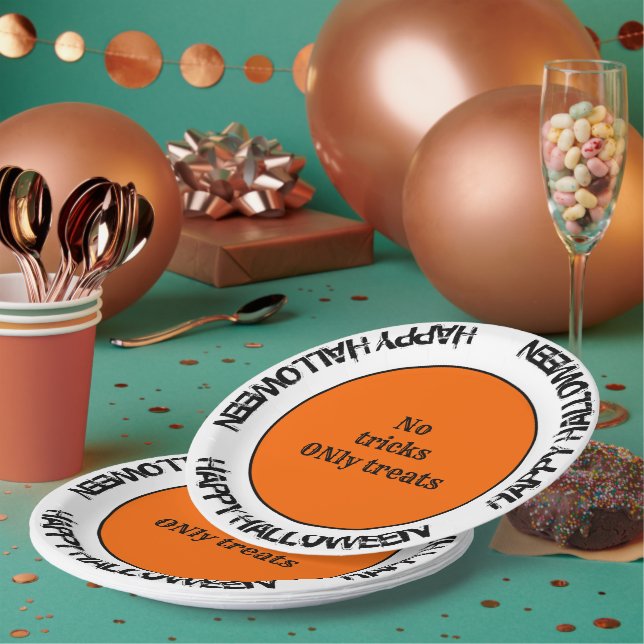 Typography Orange Black White Happy Halloween Paper Plates (Multi)
