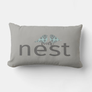 Typography "Our Nest" Gray & Blue Love Birds Lumbar Pillow