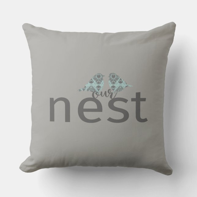 Typography "Our Nest" Gray & Blue Love Birds Throw Pillow (Front)
