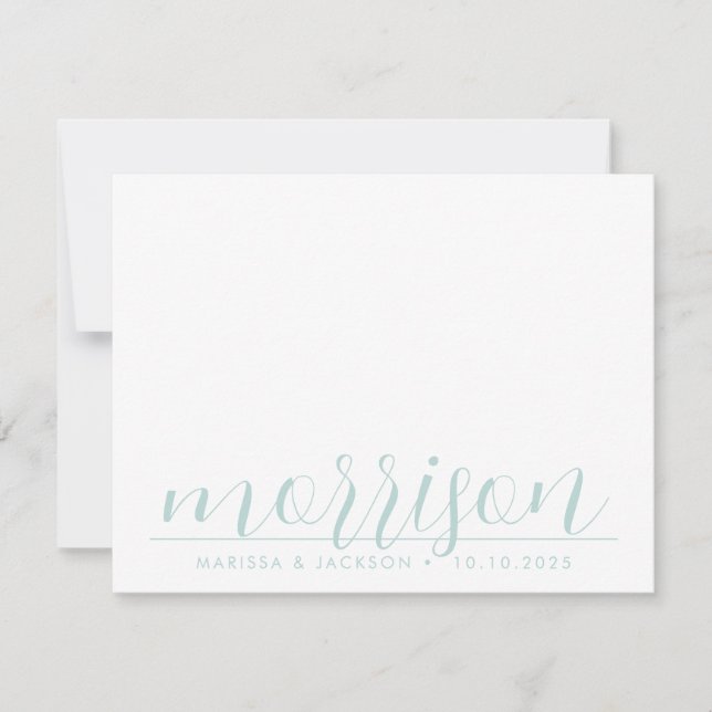 Typography Pastel Blue Green Family Name Wedding  Note Card (Front)