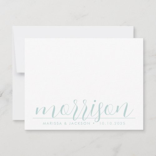 Typography Pastel Blue Green Family Name Wedding  Note Card