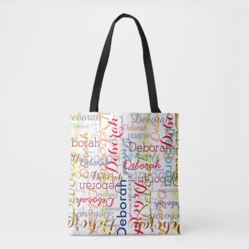 typography pattern of colorful names on white tote bag
