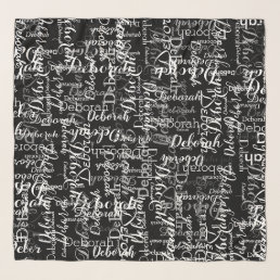typography pattern of white names on black scarf