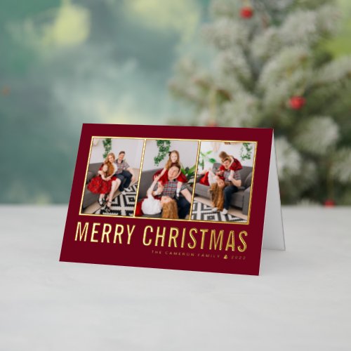 Typography Photo Collage Burgundy Christmas Foil Holiday Card