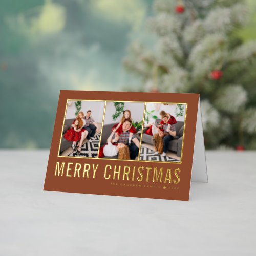 Typography Photo Collage Terracotta Christmas Foil Holiday Card