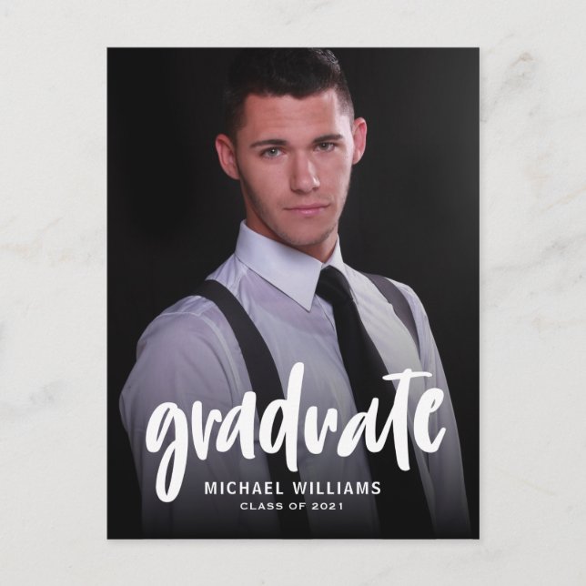 Typography Photo Guy Graduation Announcement Postcard (Front)