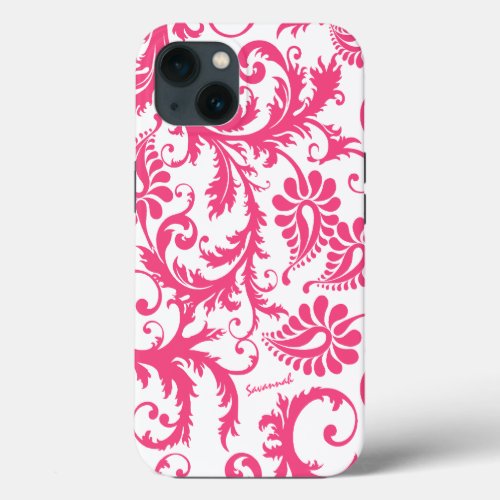 Typography Pink Damask Your Name or Quote iPhone 13 Case