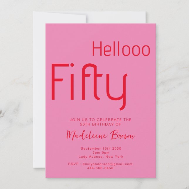 Typography Pink Red Modern 50th Birthday Invitation (Front)