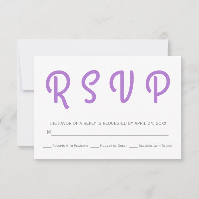 Typography polka dot lavender wedding RSVP Card (Front)