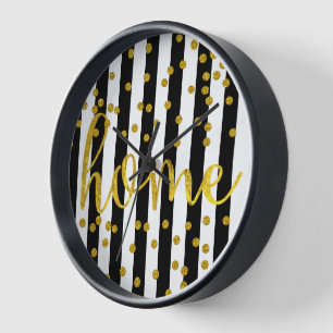 Typography Quotes Home Gold Black and White Stripe Clock