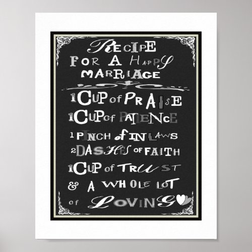 Typography Recipe for Happy Marriage Poster Print