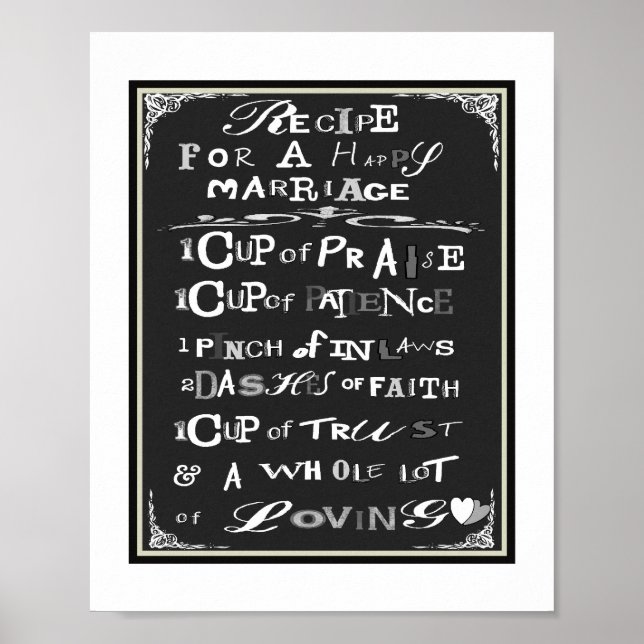 Typography Recipe for Happy Marriage Poster Print (Front)