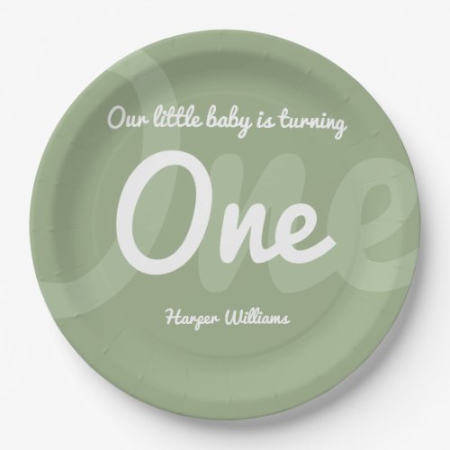 Typography Sage 1st Baby First Birthday Paper Plates