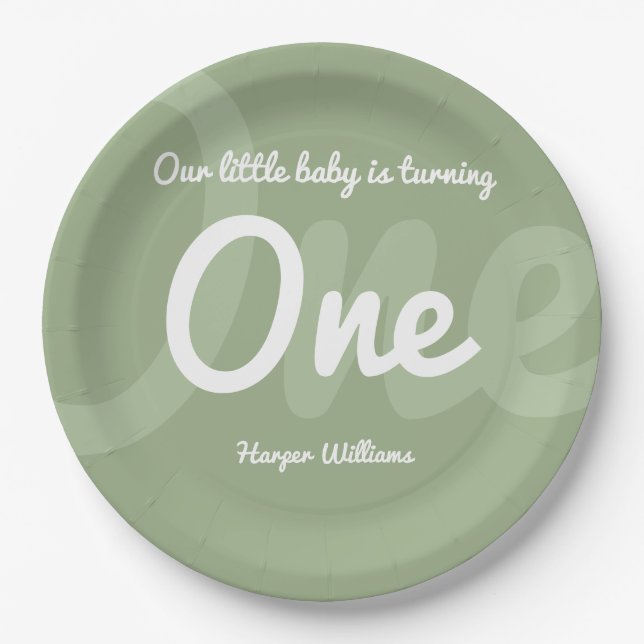 Typography Sage 1st Baby First Birthday Paper Plates (Front)