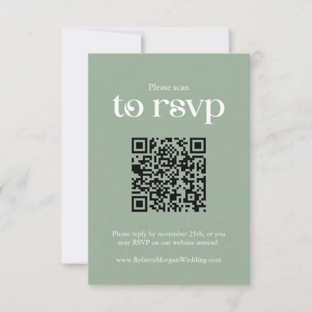 Typography Sage Green QR code Wedding RSVP Card (Front)