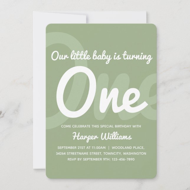 Typography Sage One Baby 1st Birthday Invitation (Front)