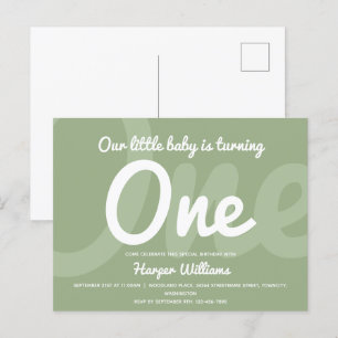 Typography Sage One Baby First Birthday Invitation Postcard