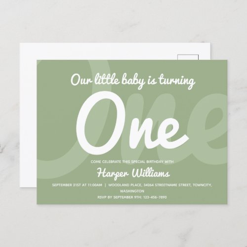 Typography Sage One Baby First Birthday Invitation Postcard