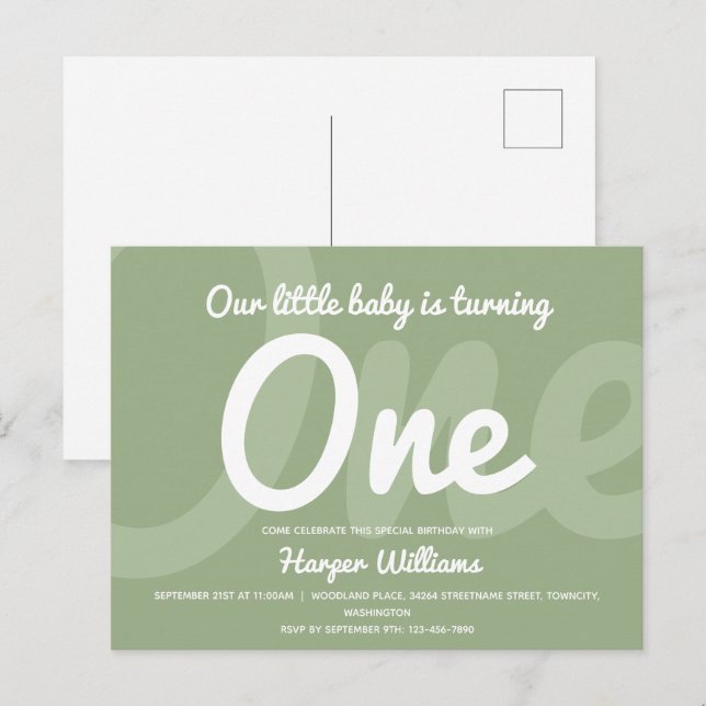 Typography Sage One Baby First Birthday Invitation Postcard (Front/Back)