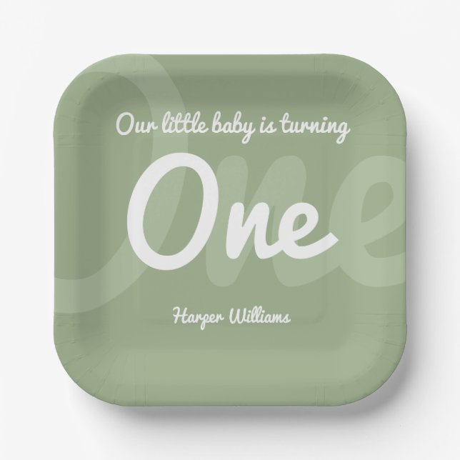 Typography Sage One Baby First Birthday Paper Plates (Front)