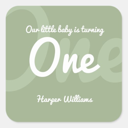 Typography Sage One Baby First Birthday Square Sticker
