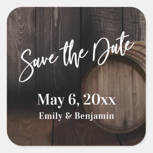 Typography Save the Date Brown Wooden Barrel Square Sticker