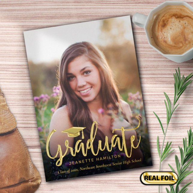 Typography Script Front/Back Photo Graduation Foil Invitation (Creator Uploaded)