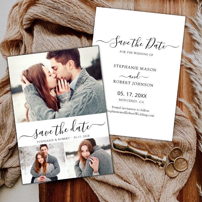 Typography Script Minimal 3 Photo Collage Wedding  Save The Date (Creator Uploaded)