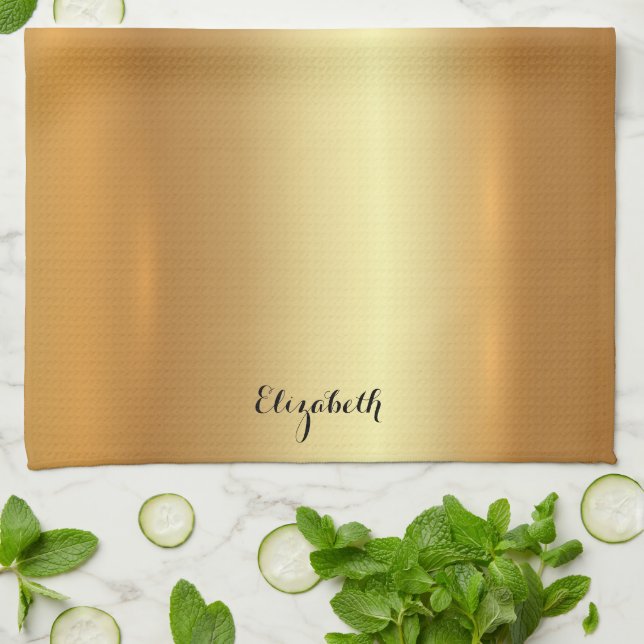 Typography Script Name Elegant Black And Gold Kitchen Towel (Folded)
