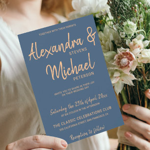 Typography script navy copper metallic wedding invitation