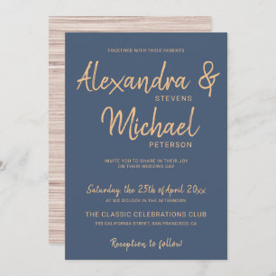 Typography script navy copper modern wedding invitation
