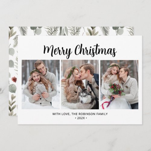 Typography Simple Foliage 3 Multi Photo Christmas Holiday Card