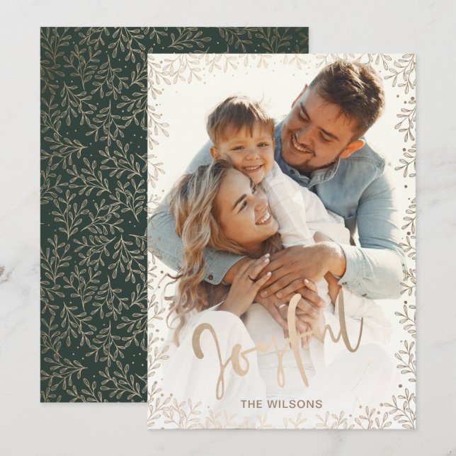 Typography Simple Joyful Rose Gold Green Photo Holiday Card (Front/Back)