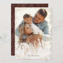 Typography Simple Joyful Rose Gold Red Photo  Holiday Card