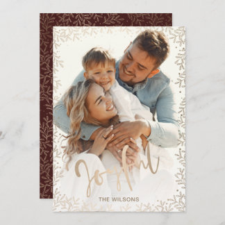Typography Simple Joyful Rose Gold Red Photo Holiday Card
