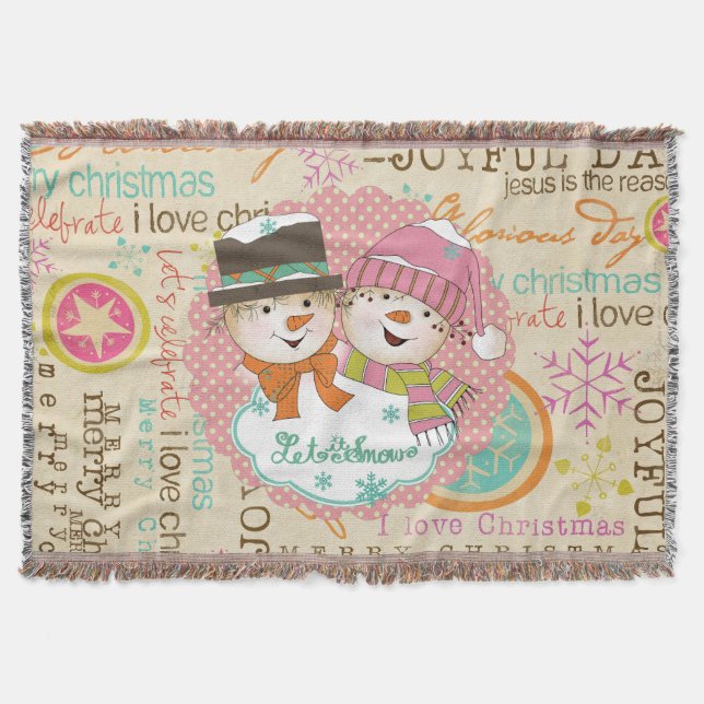 Typography Snowmen Let it Snow Holiday Throw Throw Blanket (Front)