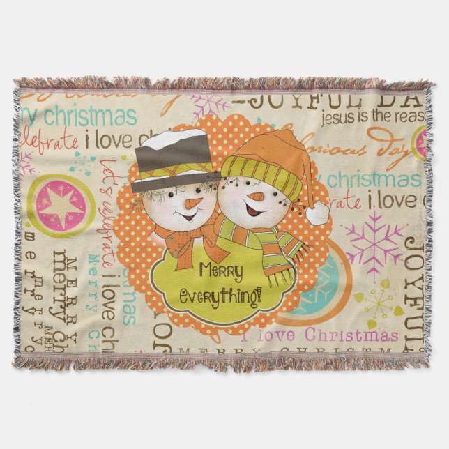 Typography Snowmen Merry Everything Holiday Throw Throw Blanket (Front)